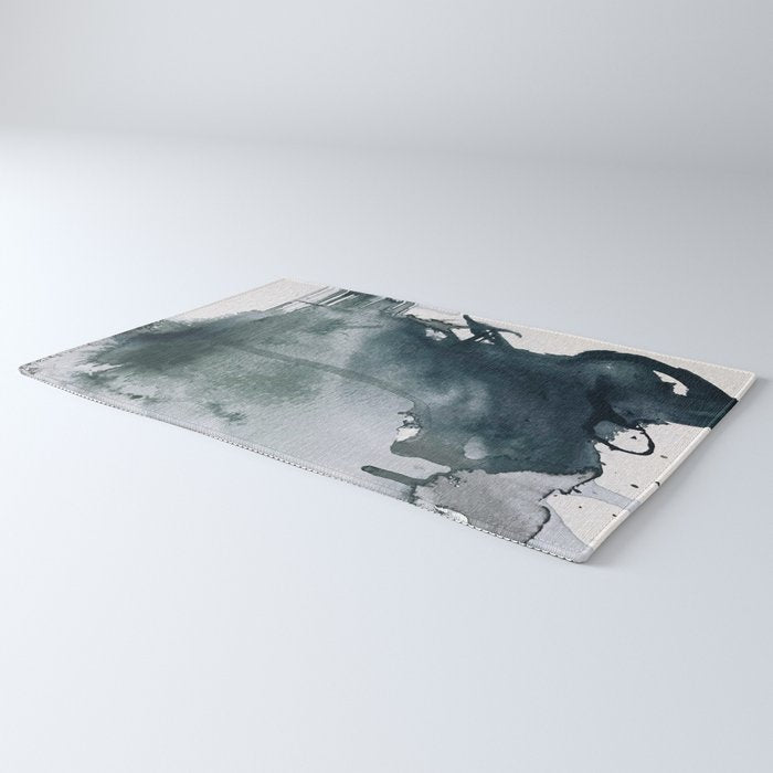 Lakeside: a minimal, abstract, watercolor and ink piece in shades of blue and green Rug Gallery Image 3