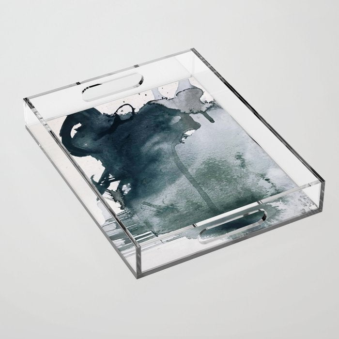 Lakeside: a minimal, abstract, watercolor and ink piece in shades of blue and green Acrylic Tray Gallery Image 1