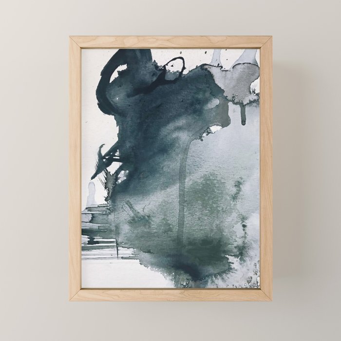 Lakeside: a minimal, abstract, watercolor and ink piece in shades of blue and green Mini Art Print Gallery Image 1