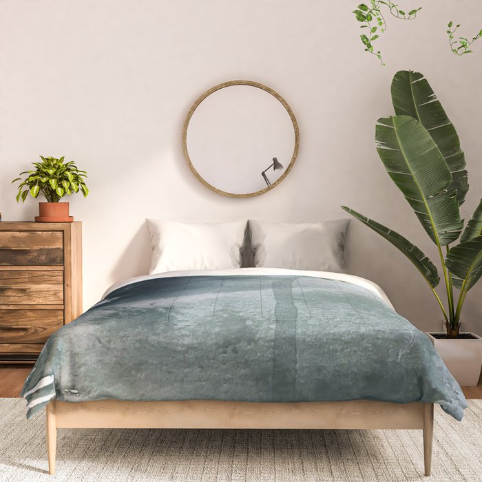Lakeside: a minimal, abstract, watercolor and ink piece in shades of blue and green Comforter Gallery Image 3
