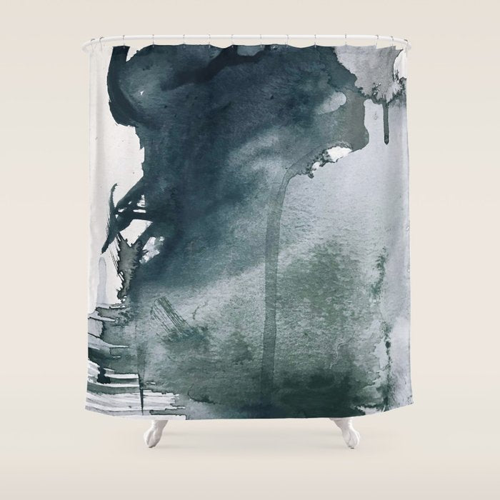 Lakeside: a minimal, abstract, watercolor and ink piece in shades of blue and green Shower Curtain Gallery Image 1