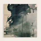 Lakeside: a minimal, abstract, watercolor and ink piece in shades of blue and green Wood Wall Art Gallery Image 1