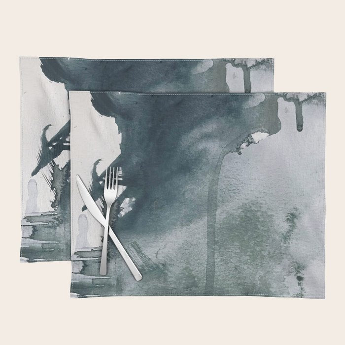 Lakeside: a minimal, abstract, watercolor and ink piece in shades of blue and green Placemat Gallery Image 1