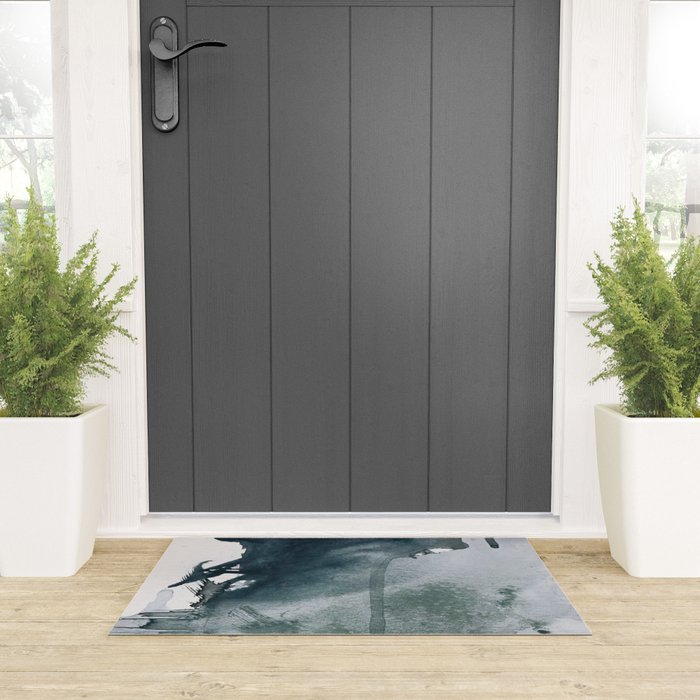 Lakeside: a minimal, abstract, watercolor and ink piece in shades of blue and green Welcome Mat Gallery Image 3