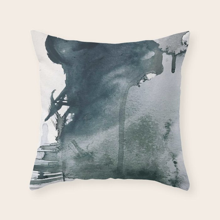 Lakeside: a minimal, abstract, watercolor and ink piece in shades of blue and green Throw Pillow Gallery Image 6
