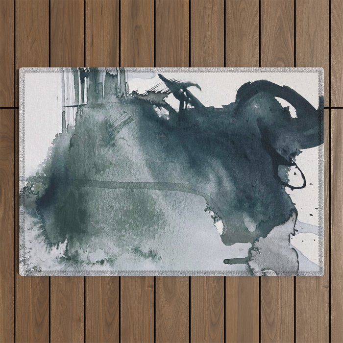 Lakeside: a minimal, abstract, watercolor and ink piece in shades of blue and green Outdoor Rug Gallery Image 1