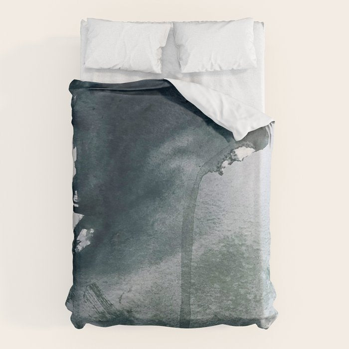 Lakeside: a minimal, abstract, watercolor and ink piece in shades of blue and green Duvet Cover Gallery Image 1