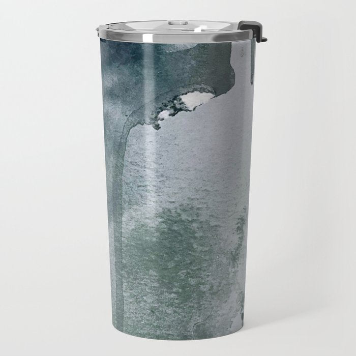 Lakeside: a minimal, abstract, watercolor and ink piece in shades of blue and green Travel Mug Gallery Image 2