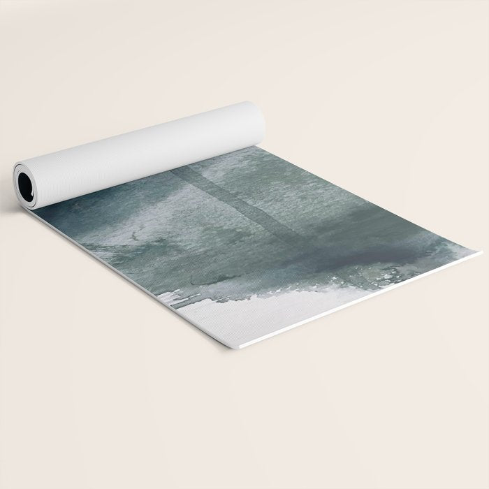 Lakeside: a minimal, abstract, watercolor and ink piece in shades of blue and green Yoga Mat Gallery Image 2