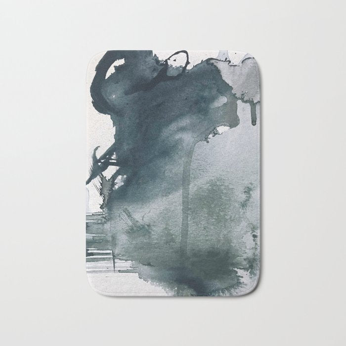 Lakeside: a minimal, abstract, watercolor and ink piece in shades of blue and green Bath Mat Gallery Image 1