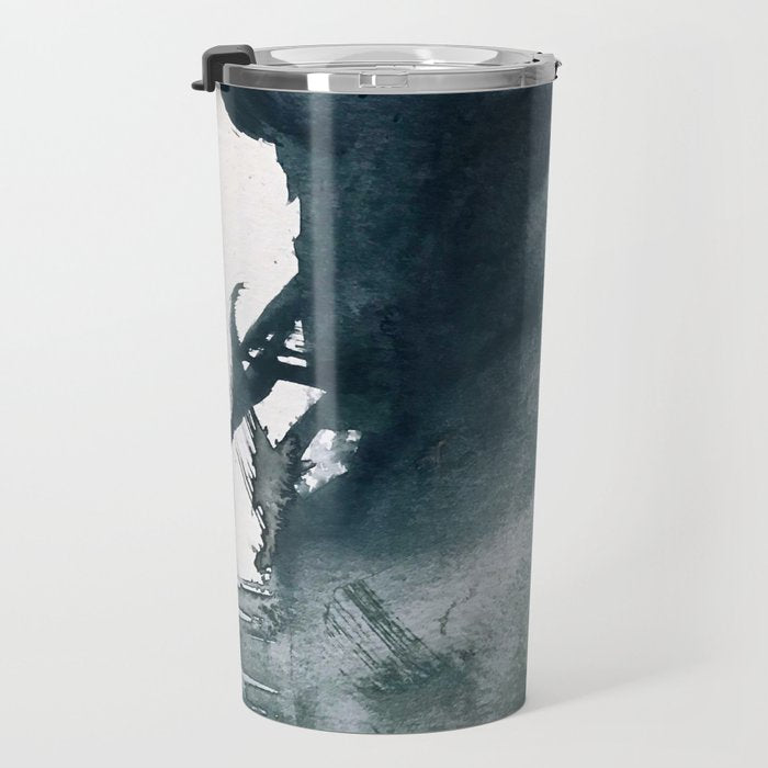 Lakeside: a minimal, abstract, watercolor and ink piece in shades of blue and green Travel Mug Gallery Image 3