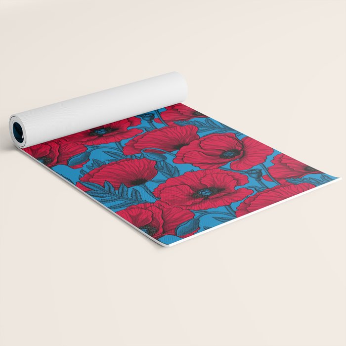 Red poppy garden on blue Yoga Mat Gallery Image 2