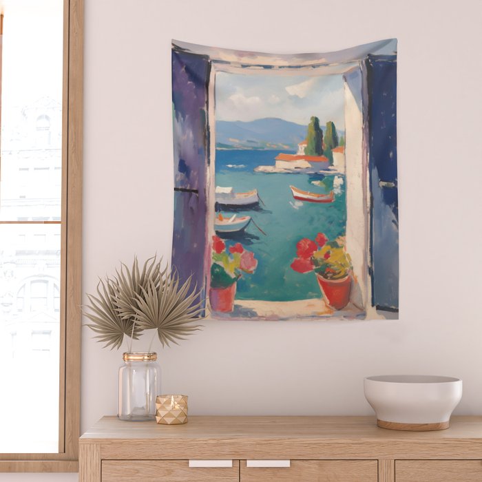 Mediterranean Window Morning View Wall Tapestry Gallery Image 2