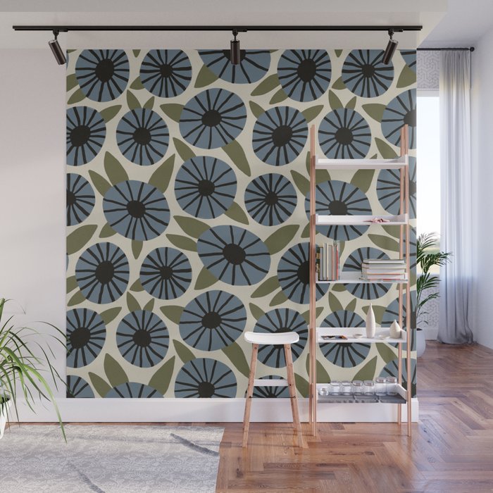 Floral Pattern / Slate Blue & Green Wall Mural Gallery Image 1