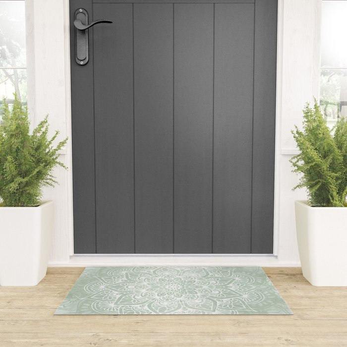 Mandala, Yoga Love, Sage Green, Boho Print Welcome Mat Gallery Image 3