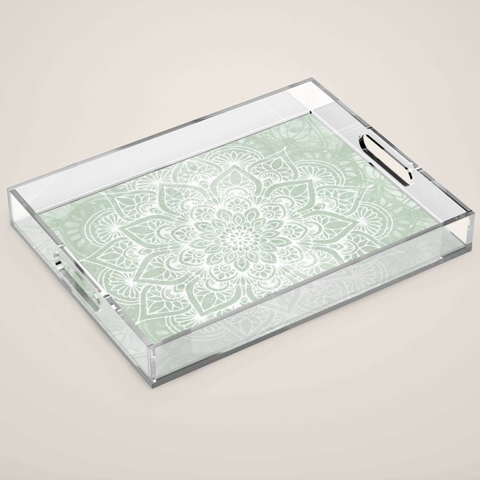 Mandala, Yoga Love, Sage Green, Boho Print Acrylic Tray Gallery Image 1