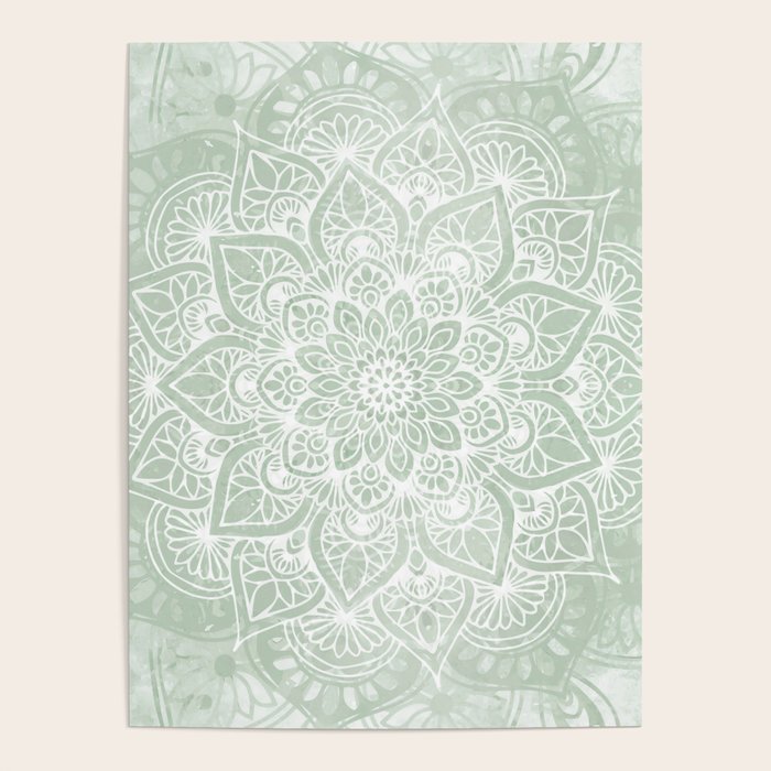 Mandala, Yoga Love, Sage Green, Boho Print Poster Gallery Image 1
