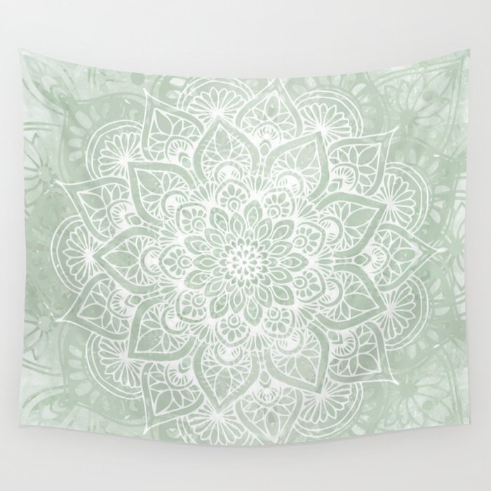 Mandala, Yoga Love, Sage Green, Boho Print Wall Tapestry Gallery Image 4