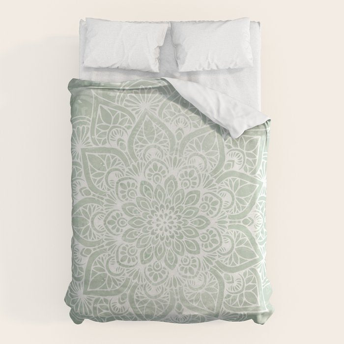 Mandala, Yoga Love, Sage Green, Boho Print Duvet Cover Gallery Image 1