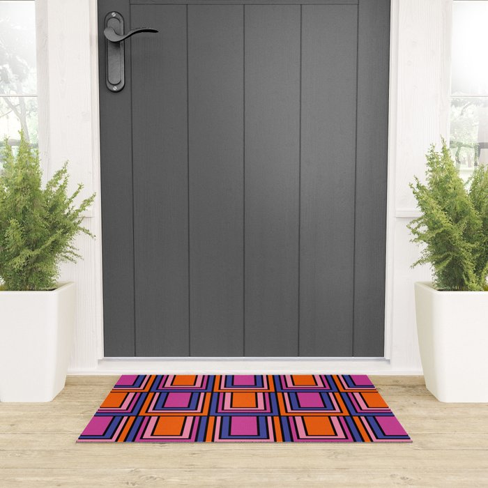 Colorful Retro Geometric Mod Portes Pattern Blue Orange Pink Magenta Welcome Mat Gallery Image 3