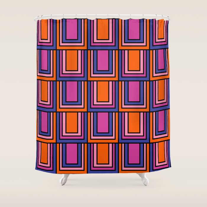 Colorful Retro Geometric Mod Portes Pattern Blue Orange Pink Magenta Shower Curtain Gallery Image 1