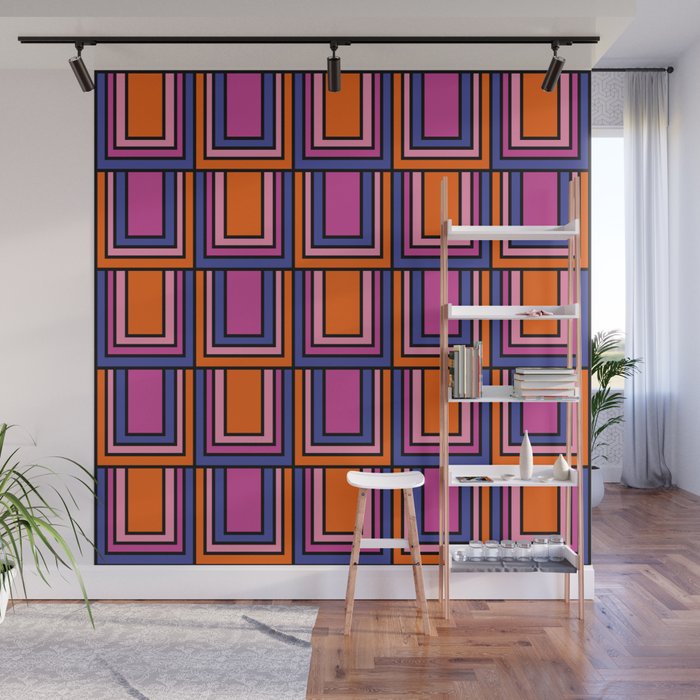 Colorful Retro Geometric Mod Portes Pattern Blue Orange Pink Magenta Wall Mural Gallery Image 1