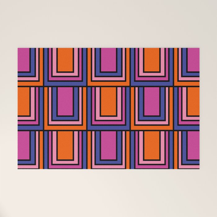 Colorful Retro Geometric Mod Portes Pattern Blue Orange Pink Magenta Welcome Mat Gallery Image 1