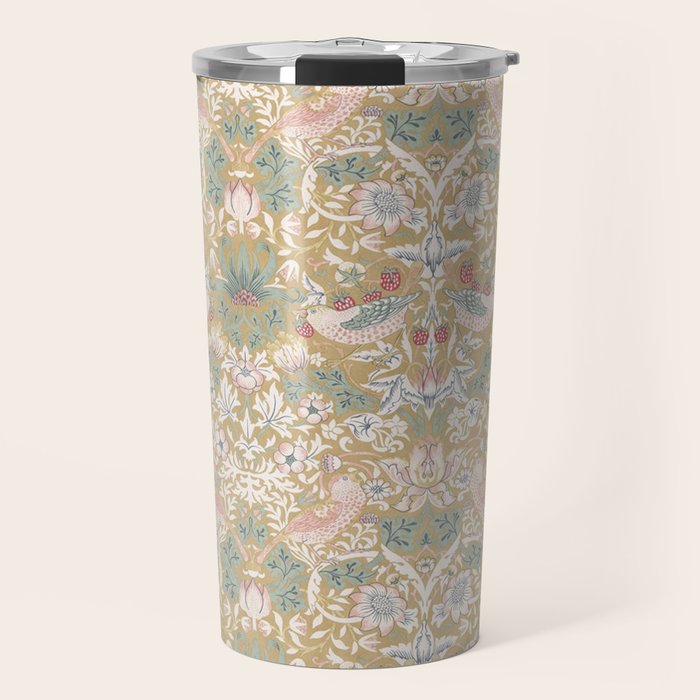 William Morris Strawberry Thief Gold Vintage Pattern Travel Mug Gallery Image 1