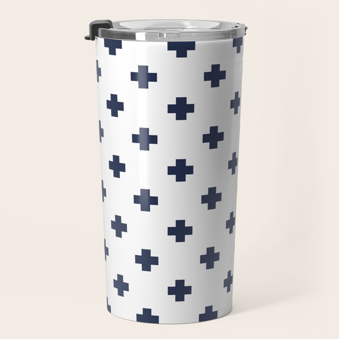 Navy Blue Swiss Cross Pattern Travel Mug Gallery Image 3