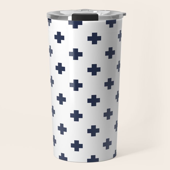 Navy Blue Swiss Cross Pattern Travel Mug Gallery Image 1
