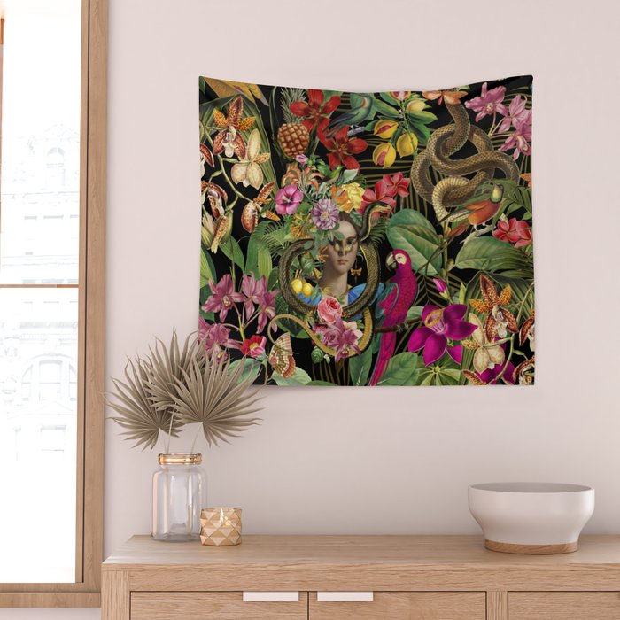 Snake Princess Tropical Jungle Vibes Multicolor  Black Wall Tapestry Gallery Image 2