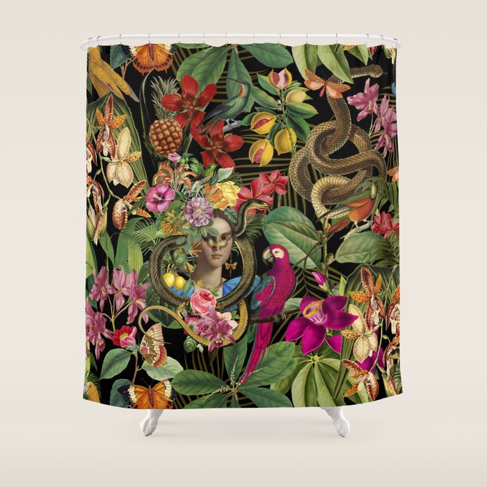 Snake Princess Tropical Jungle Vibes Multicolor  Black Shower Curtain Gallery Image 1