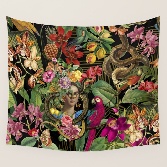 Snake Princess Tropical Jungle Vibes Multicolor  Black Wall Tapestry Gallery Image 1