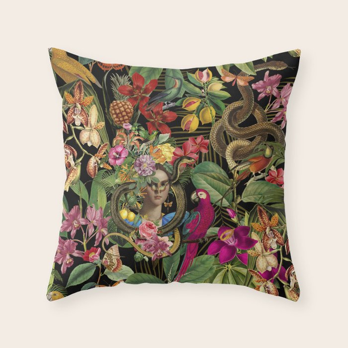Snake Princess Tropical Jungle Vibes Multicolor  Black Throw Pillow Gallery Image 1