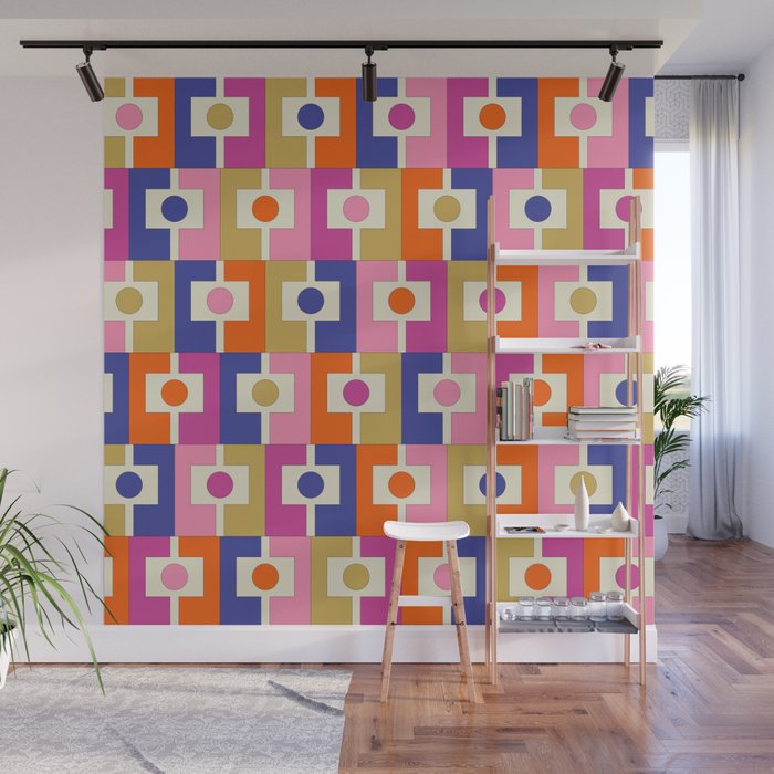 Colorful Retro Modern Geometric Rektangel Pattern Blue Orange Pink Wall Mural Gallery Image 1