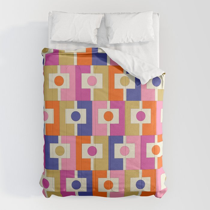 Colorful Retro Modern Geometric Rektangel Pattern Blue Orange Pink Comforter Gallery Image 6
