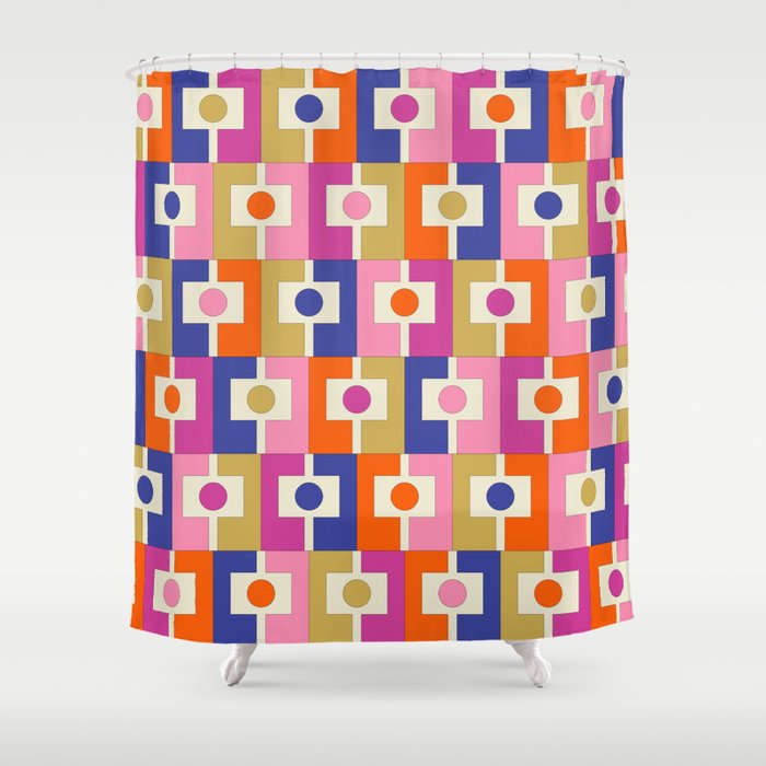 Colorful Retro Modern Geometric Rektangel Pattern Blue Orange Pink Shower Curtain Gallery Image 1