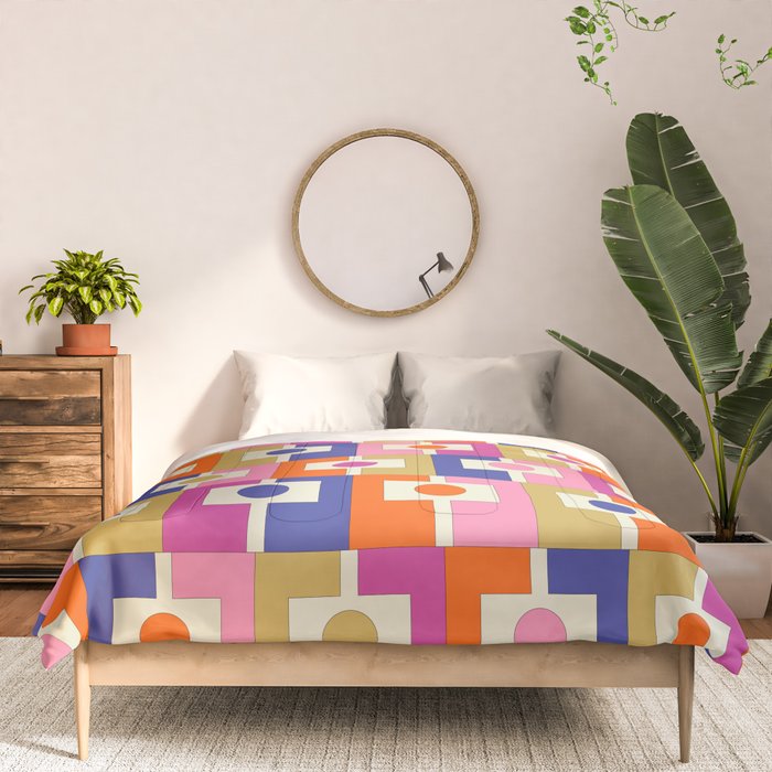 Colorful Retro Modern Geometric Rektangel Pattern Blue Orange Pink Comforter Gallery Image 3