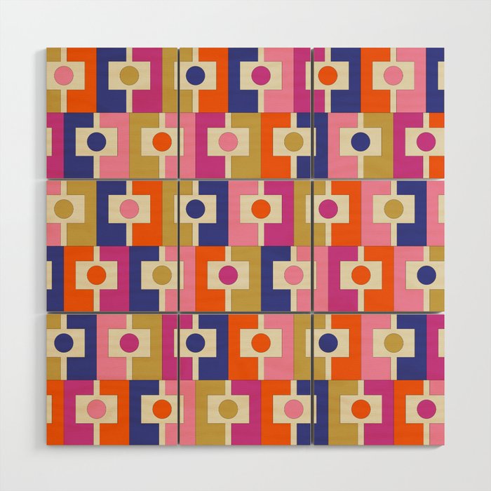 Colorful Retro Modern Geometric Rektangel Pattern Blue Orange Pink Wood Wall Art Gallery Image 1