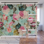 Vintage & Shabby Chic - Summer Teal Roses Flower Garden Wall Mural Gallery Image 1