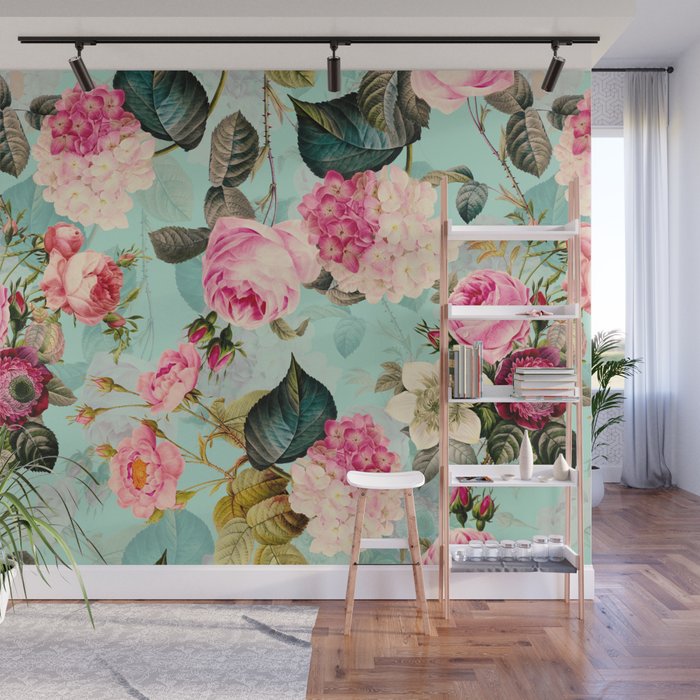 Vintage & Shabby Chic - Summer Teal Roses Flower Garden Wall Mural Gallery Image 1