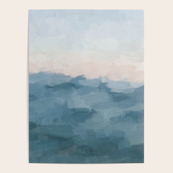 Sunrise Waves - Ocean Blue Soft Pink Peach Nautical Sea Sailing Abstract Nature Painting Art Print  Poster Gallery Image 4