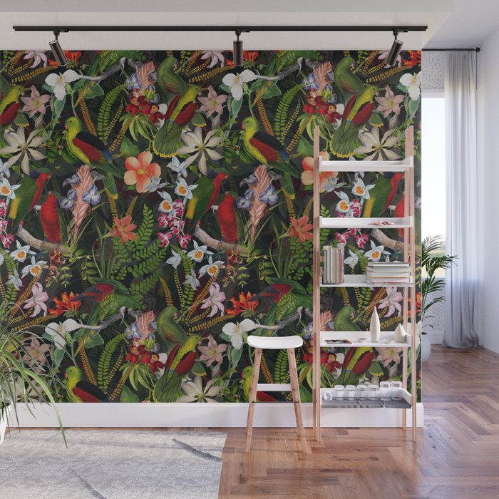 Vintage & Shabby Chic - Black Tropical Parrot Night Garden Wall Mural Gallery Image 1