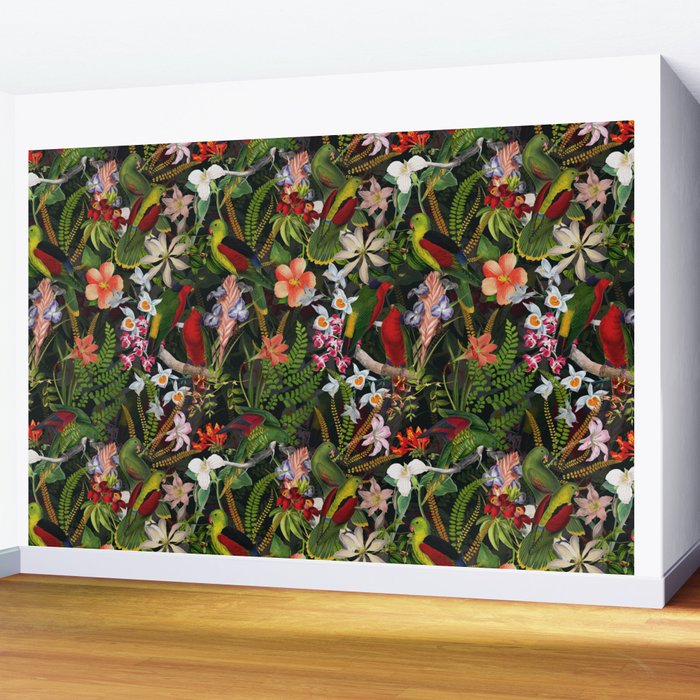 Vintage & Shabby Chic - Black Tropical Parrot Night Garden Wall Mural Gallery Image 2