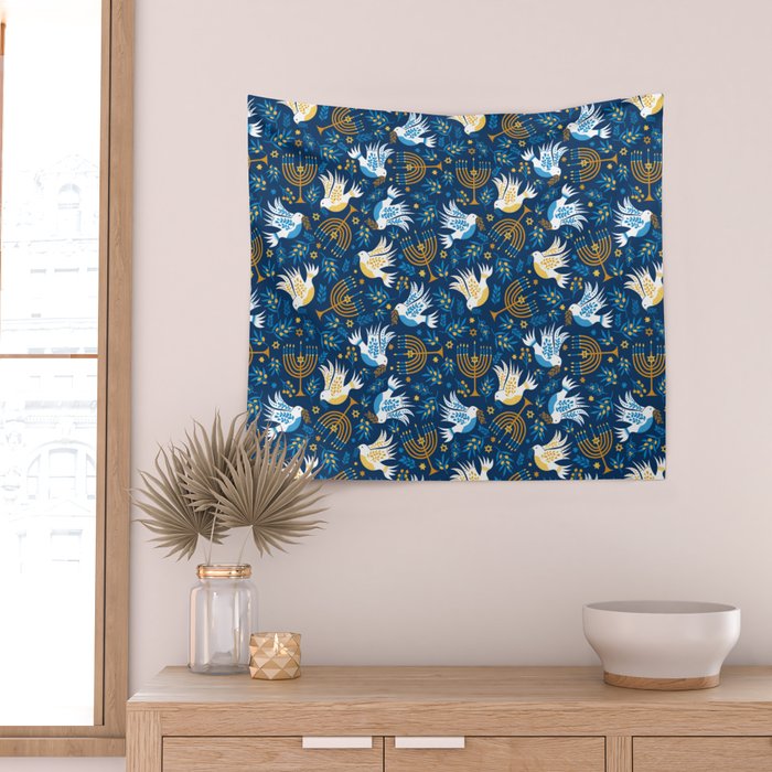 Hanukkah Blue Pattern Wall Tapestry Gallery Image 2