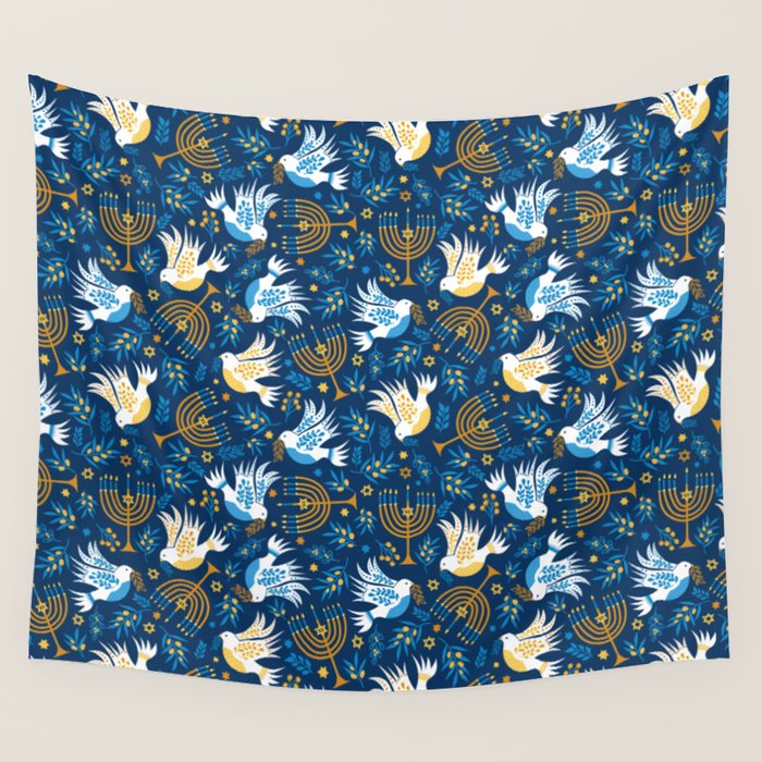 Hanukkah Blue Pattern Wall Tapestry Gallery Image 1