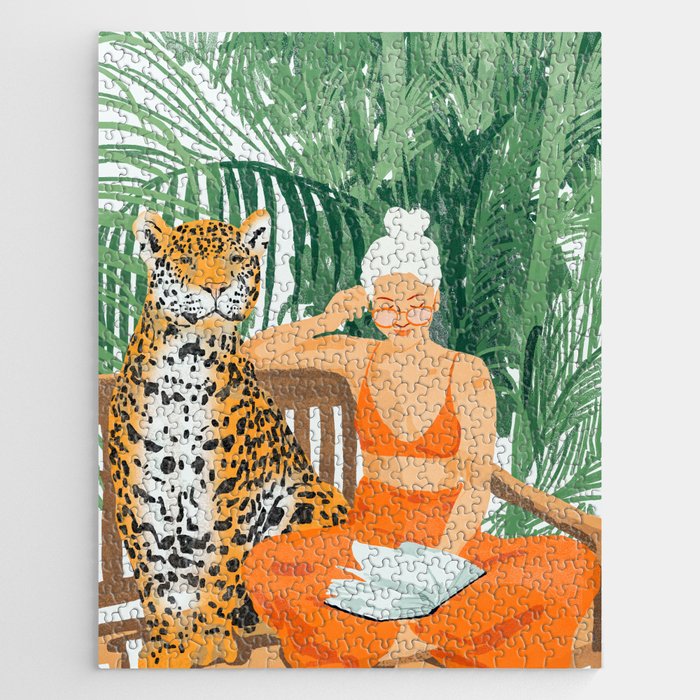 Jungle Vacay | Modern Bohemian Blonde Woman Tropical Travel | Leopard Wildlife Forest Reader Jigsaw Puzzle Gallery Image 1