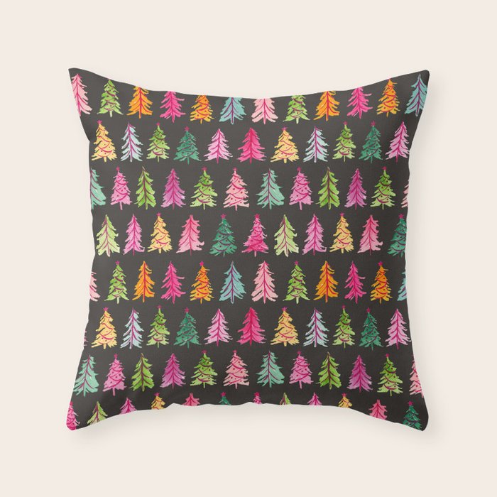 Colorful Vintage Bottlebrush Christmas Trees on Black Throw Pillow Gallery Image 2