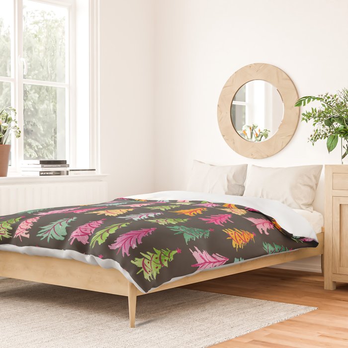 Colorful Vintage Bottlebrush Christmas Trees on Black Duvet Cover Gallery Image 2