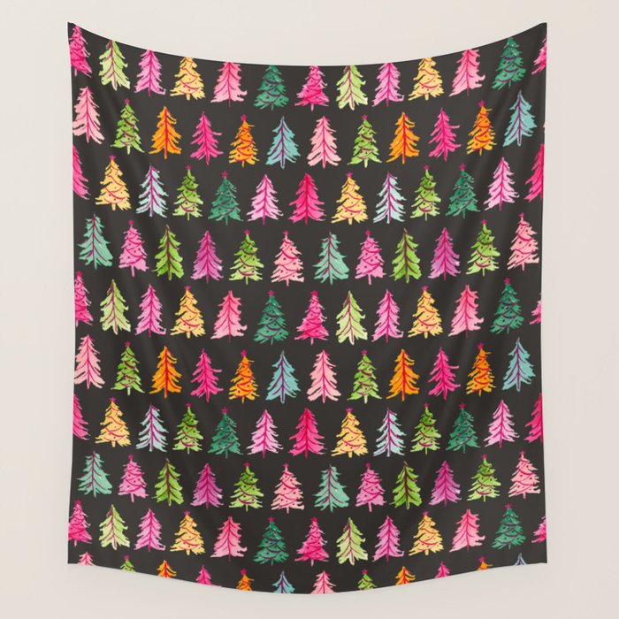 Colorful Vintage Bottlebrush Christmas Trees on Black Wall Tapestry Gallery Image 4
